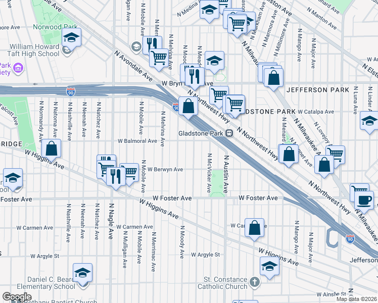 map of restaurants, bars, coffee shops, grocery stores, and more near 5350 North Meade Avenue in Chicago