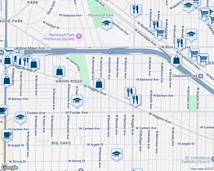 map of restaurants, bars, coffee shops, grocery stores, and more near 5345 West Balmoral Avenue in Chicago