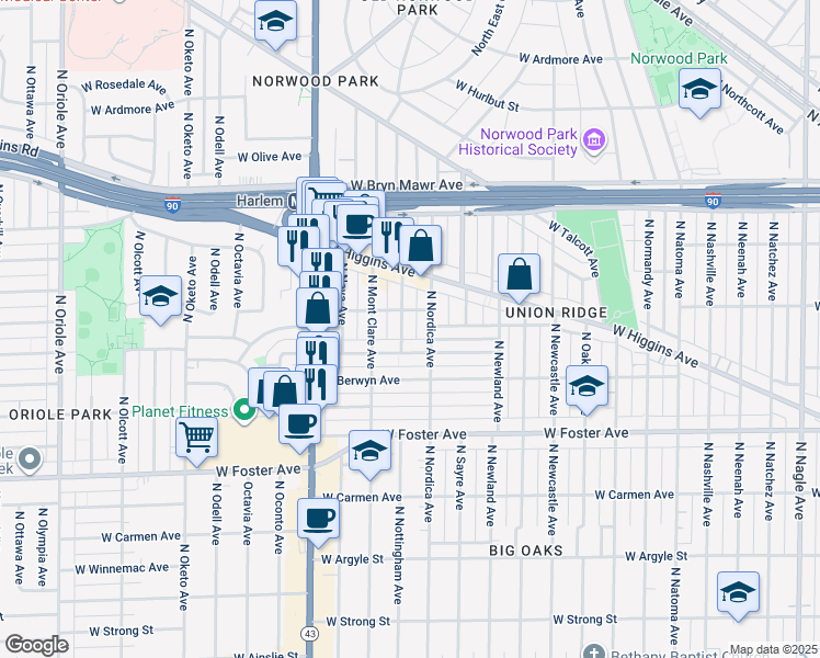 map of restaurants, bars, coffee shops, grocery stores, and more near 7007 West Balmoral Avenue in Chicago