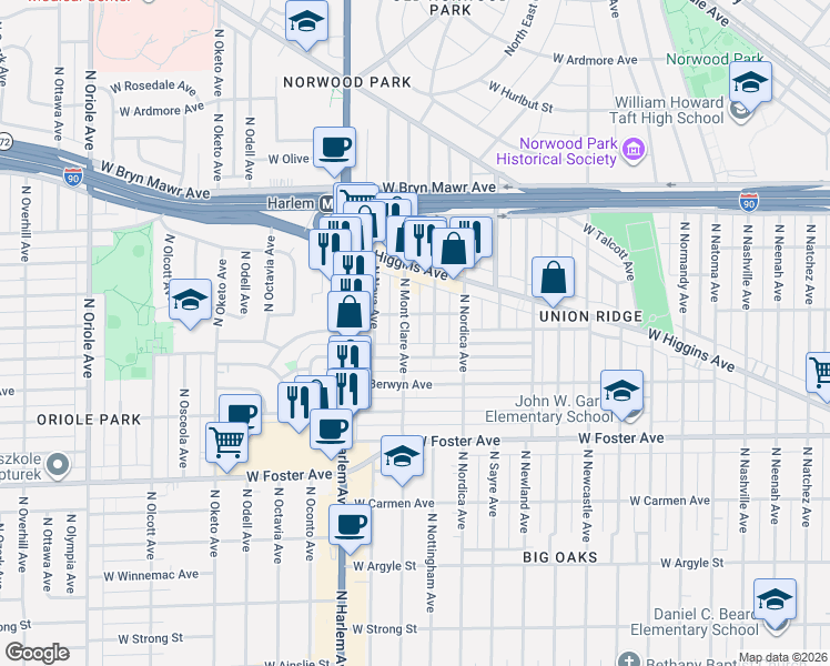 map of restaurants, bars, coffee shops, grocery stores, and more near 5369 West Balmoral Avenue in Chicago