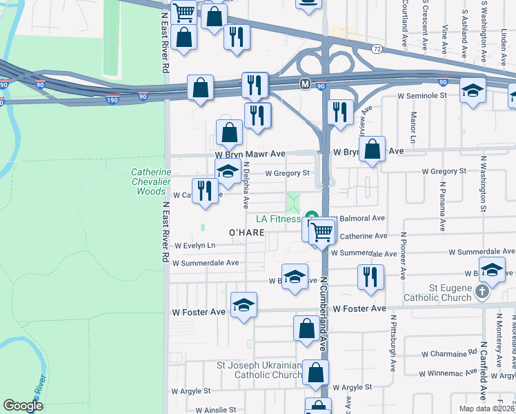 map of restaurants, bars, coffee shops, grocery stores, and more near 8557 West Catalpa Avenue in Chicago