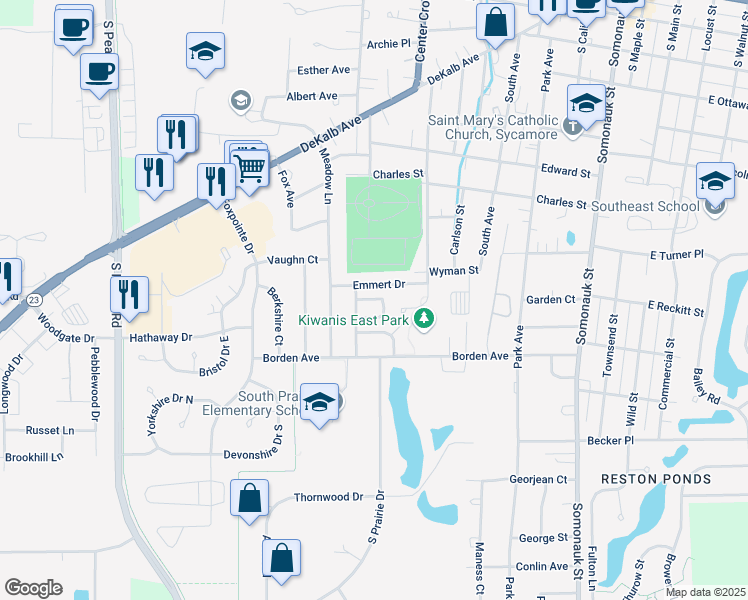map of restaurants, bars, coffee shops, grocery stores, and more near 662 Emmert Drive in Sycamore