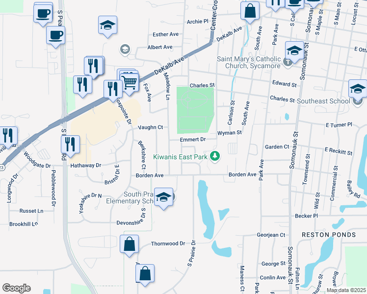 map of restaurants, bars, coffee shops, grocery stores, and more near 662 Emmert Drive in Sycamore