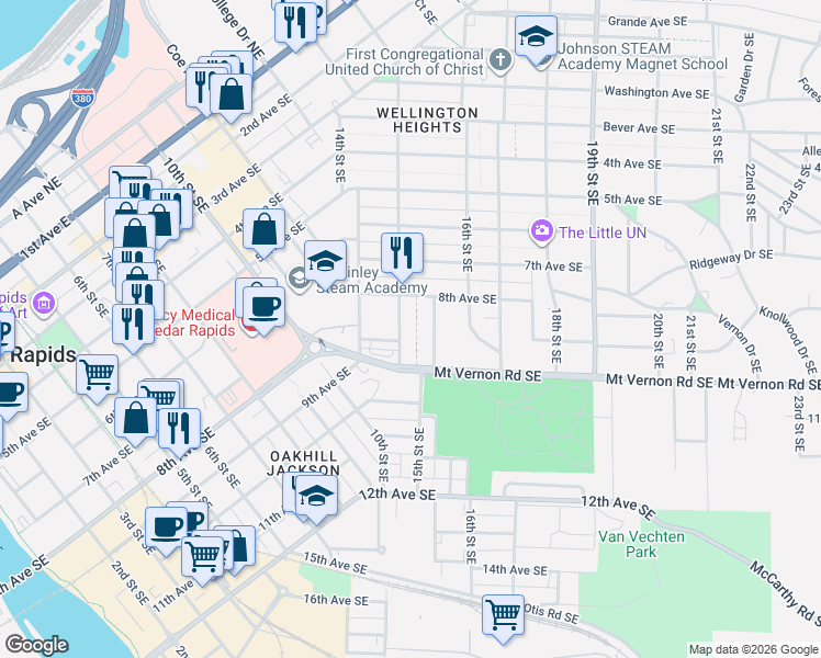map of restaurants, bars, coffee shops, grocery stores, and more near 816 15th Street Southeast in Cedar Rapids