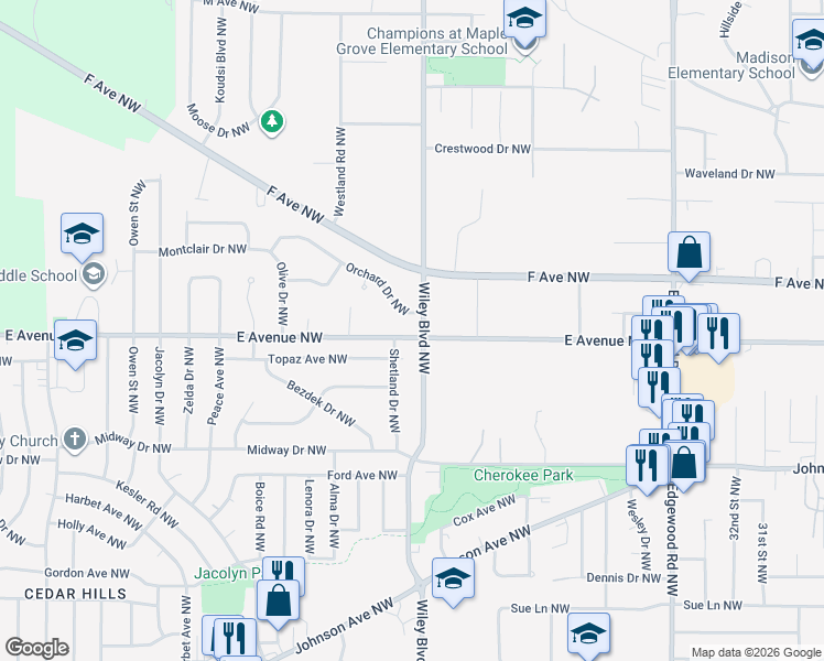 map of restaurants, bars, coffee shops, grocery stores, and more near 4215 Orchard Drive Northwest in Cedar Rapids