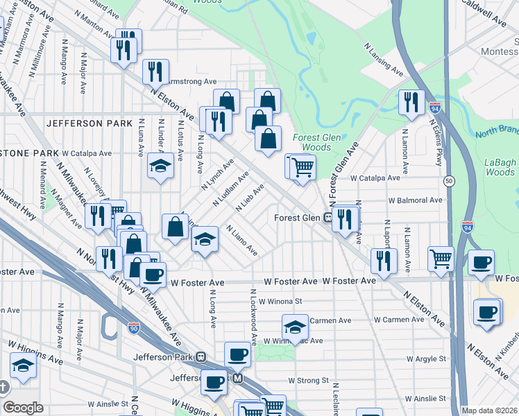 map of restaurants, bars, coffee shops, grocery stores, and more near 5423 North Lieb Avenue in Chicago