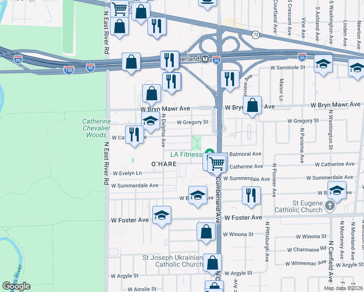 map of restaurants, bars, coffee shops, grocery stores, and more near 8525 West Catalpa Avenue in Chicago