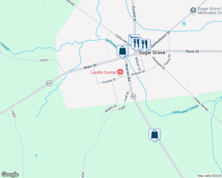 map of restaurants, bars, coffee shops, grocery stores, and more near 112 Maple Street in Sugar Grove