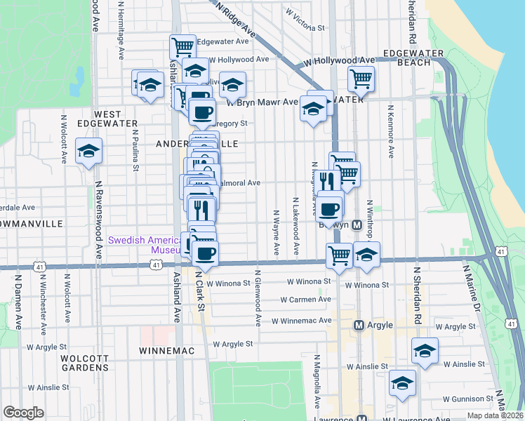 map of restaurants, bars, coffee shops, grocery stores, and more near 5329 North Glenwood Avenue in Chicago
