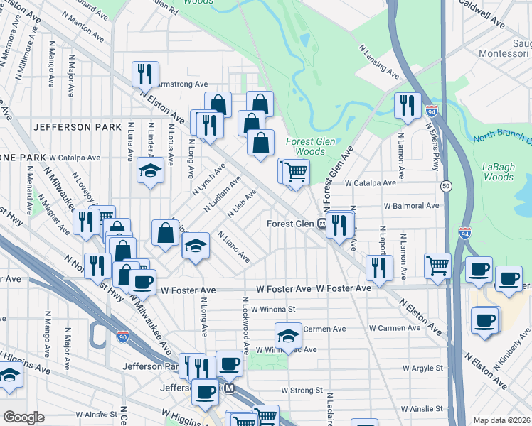 map of restaurants, bars, coffee shops, grocery stores, and more near 5372 North Latrobe Avenue in Chicago