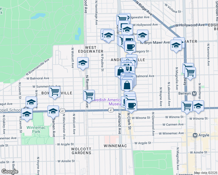 map of restaurants, bars, coffee shops, grocery stores, and more near 1639 West Summerdale Avenue in Chicago
