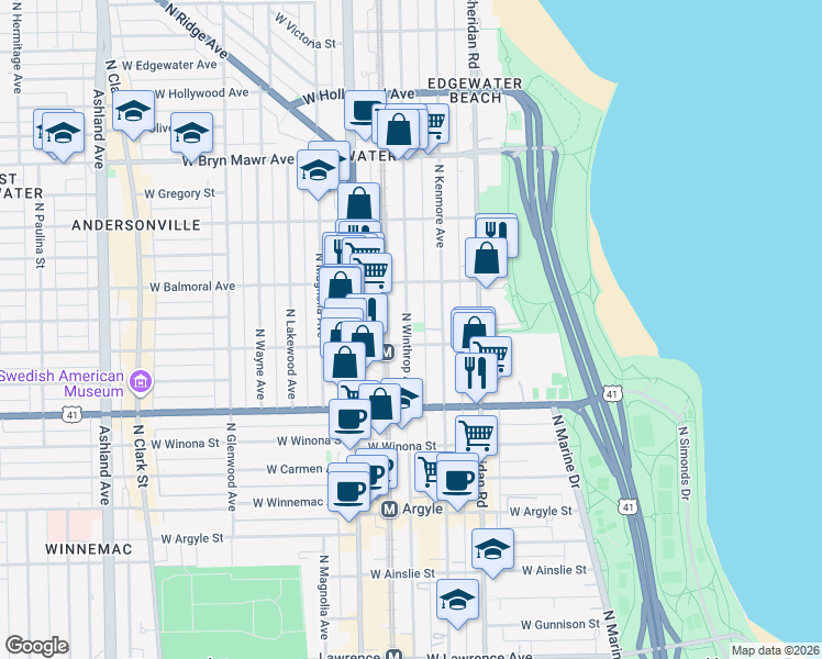 map of restaurants, bars, coffee shops, grocery stores, and more near 5311 North Winthrop Avenue in Chicago