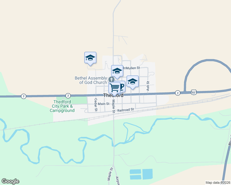 map of restaurants, bars, coffee shops, grocery stores, and more near in Thedford