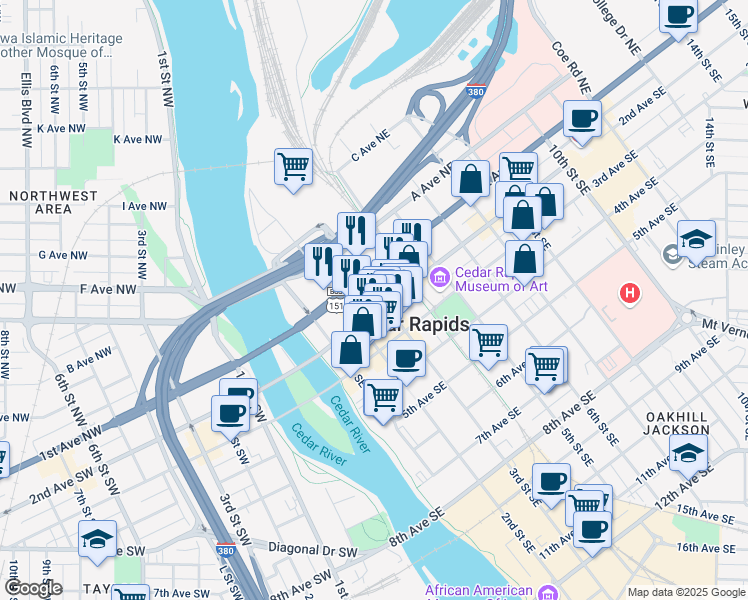 map of restaurants, bars, coffee shops, grocery stores, and more near 312 2nd Avenue Southeast in Cedar Rapids
