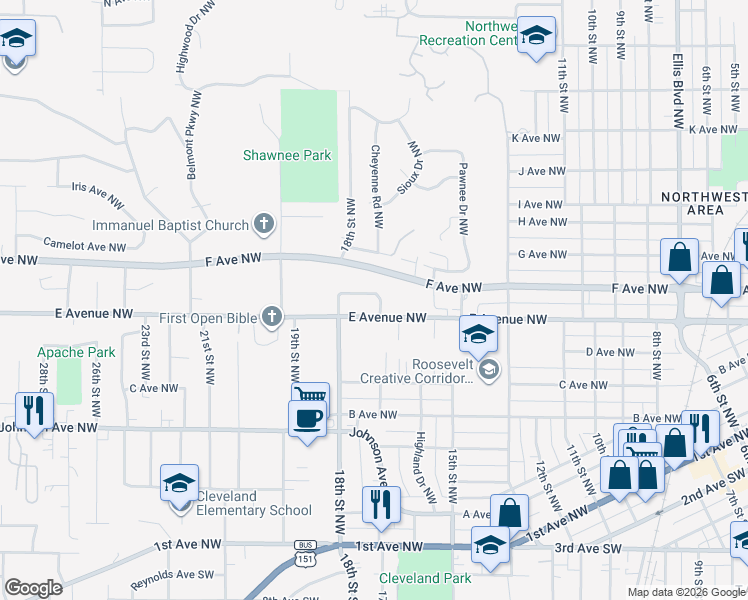 map of restaurants, bars, coffee shops, grocery stores, and more near 619 Meadowdale Drive Northwest in Cedar Rapids