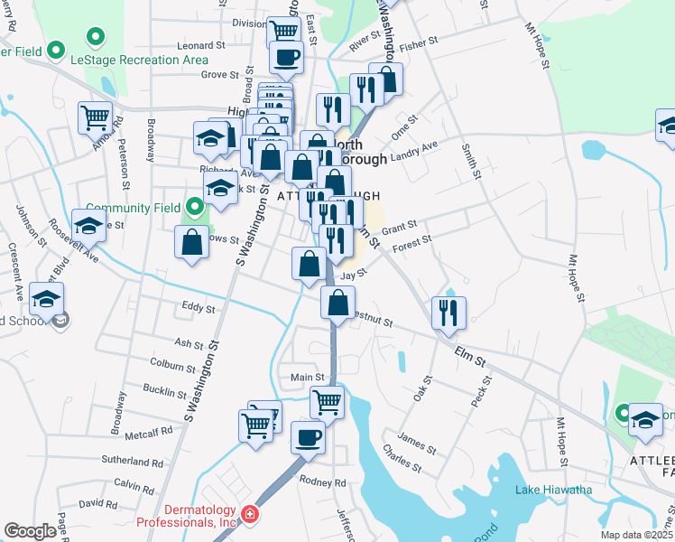 map of restaurants, bars, coffee shops, grocery stores, and more near 425 East Washington Street in North Attleborough