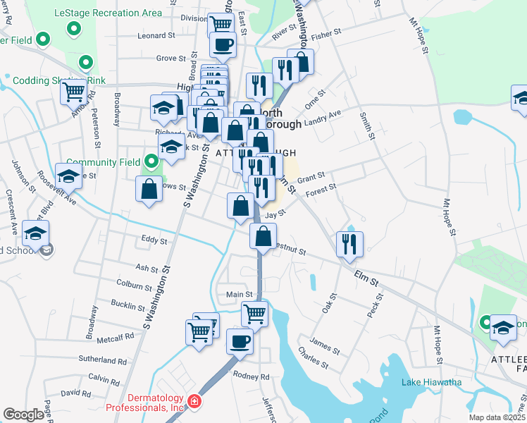 map of restaurants, bars, coffee shops, grocery stores, and more near 425 East Washington Street in North Attleborough