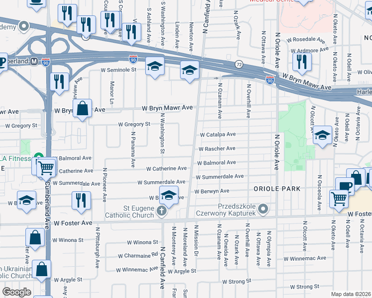 map of restaurants, bars, coffee shops, grocery stores, and more near 5441 Linden Avenue in Chicago