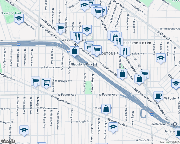 map of restaurants, bars, coffee shops, grocery stores, and more near 5340 North Austin Avenue in Chicago