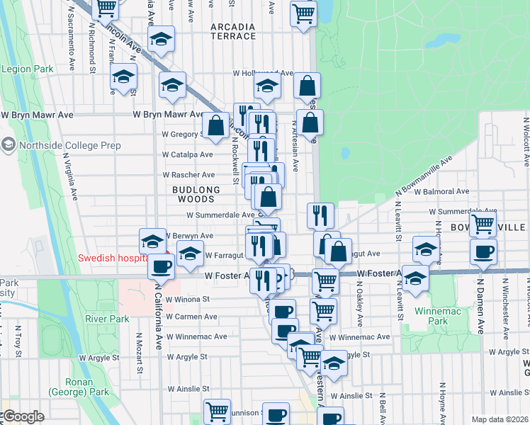 map of restaurants, bars, coffee shops, grocery stores, and more near 5333 North Lincoln Avenue in Chicago