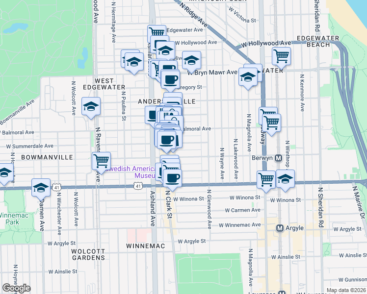 map of restaurants, bars, coffee shops, grocery stores, and more near 1455 West Summerdale Avenue in Chicago