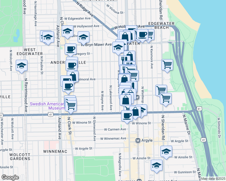 map of restaurants, bars, coffee shops, grocery stores, and more near 5326 North Magnolia Avenue in Chicago
