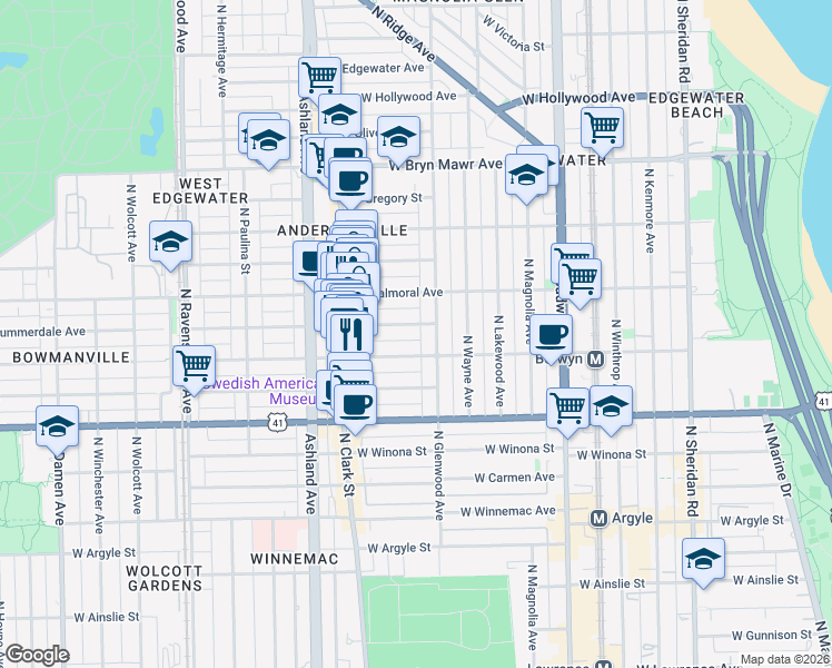map of restaurants, bars, coffee shops, grocery stores, and more near 1426 West Berwyn Avenue in Chicago