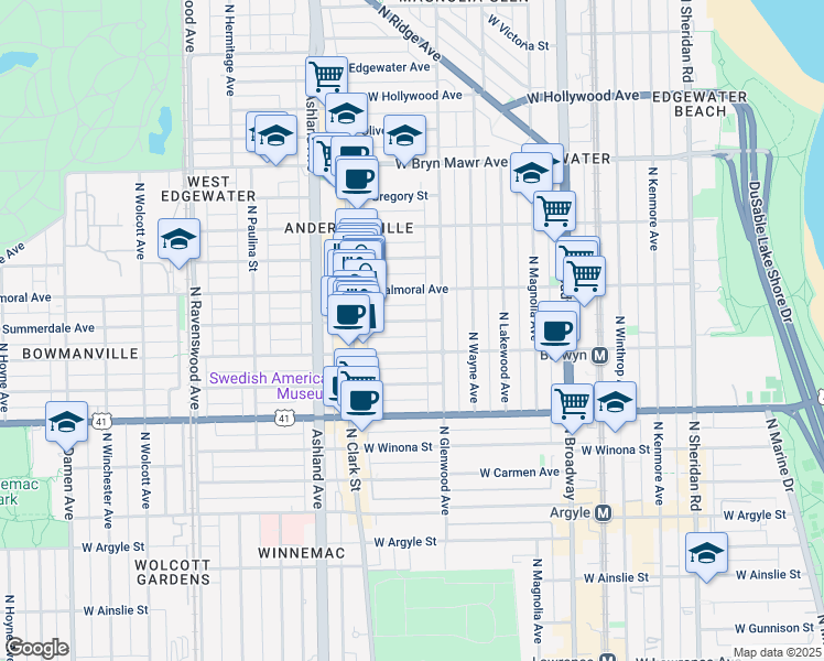 map of restaurants, bars, coffee shops, grocery stores, and more near 1426 West Berwyn Avenue in Chicago