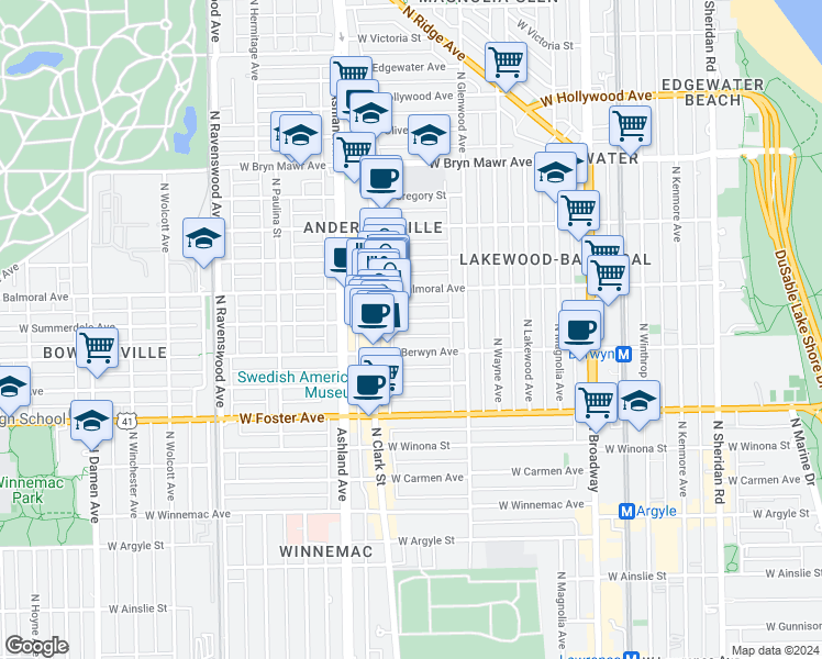 map of restaurants, bars, coffee shops, grocery stores, and more near 1466 West Summerdale Avenue in Chicago