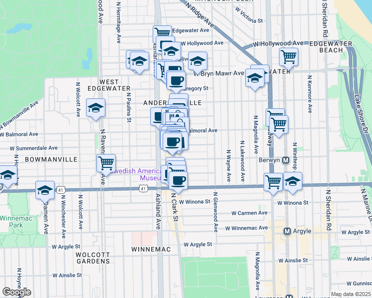 map of restaurants, bars, coffee shops, grocery stores, and more near 1466 West Summerdale Avenue in Chicago