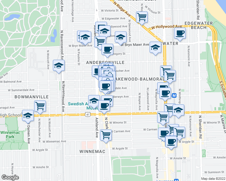 map of restaurants, bars, coffee shops, grocery stores, and more near 1466 West Summerdale Avenue in Chicago