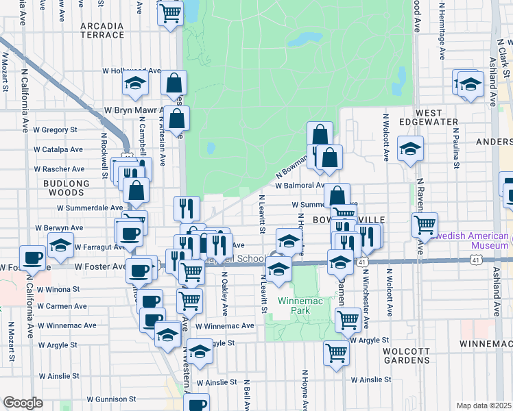 map of restaurants, bars, coffee shops, grocery stores, and more near 2152 West Summerdale Avenue in Chicago