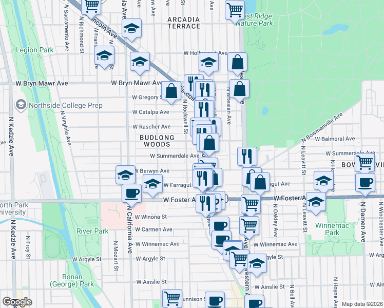 map of restaurants, bars, coffee shops, grocery stores, and more near 5346 North Lincoln Avenue in Chicago