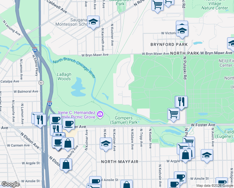 map of restaurants, bars, coffee shops, grocery stores, and more near 5336 North Lowell Avenue in Chicago