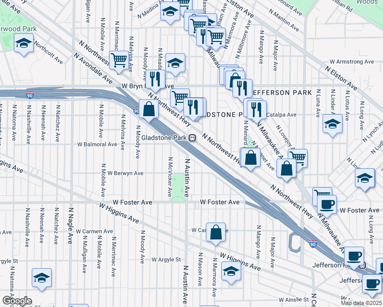 map of restaurants, bars, coffee shops, grocery stores, and more near 5340 North Austin Avenue in Chicago