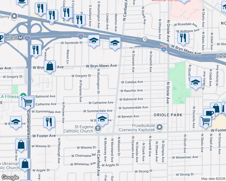 map of restaurants, bars, coffee shops, grocery stores, and more near 5441 Linden Avenue in Chicago