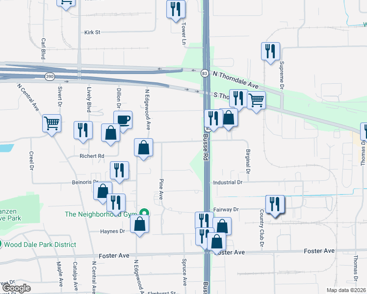 map of restaurants, bars, coffee shops, grocery stores, and more near 17W077 Bryn Mawr Avenue in Bensenville
