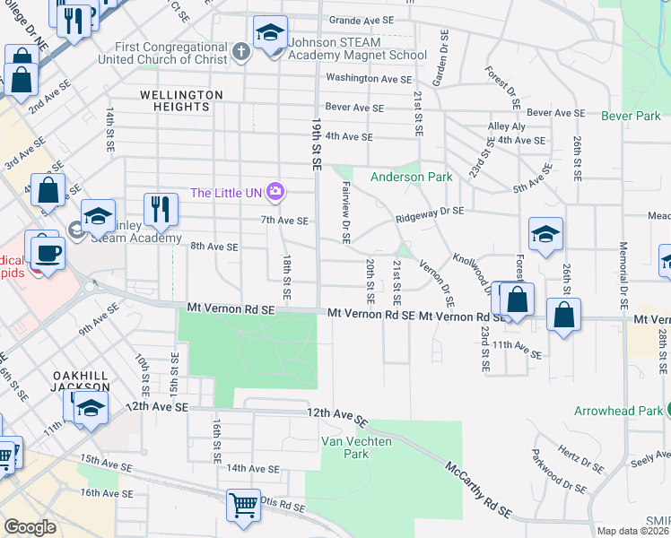 map of restaurants, bars, coffee shops, grocery stores, and more near 1901 8th Avenue Southeast in Cedar Rapids