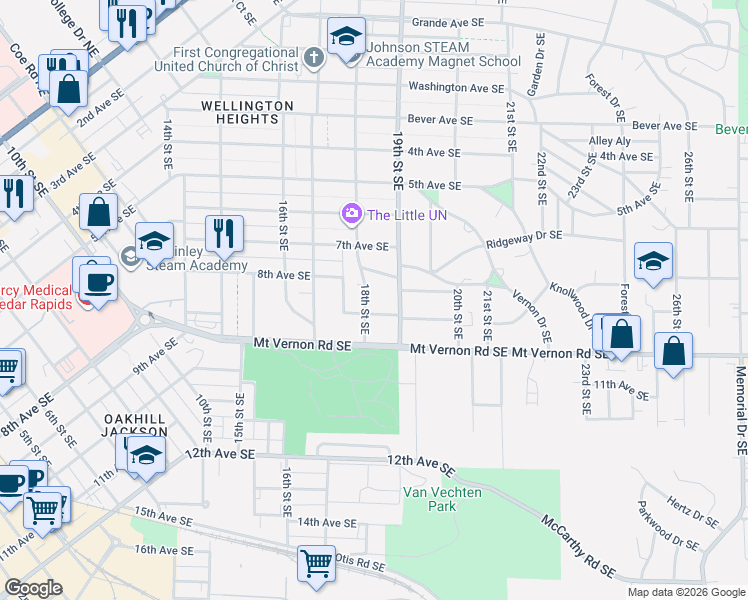 map of restaurants, bars, coffee shops, grocery stores, and more near 818 18th Street Southeast in Cedar Rapids