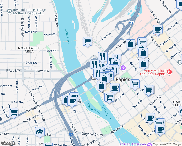 map of restaurants, bars, coffee shops, grocery stores, and more near 150 1st Avenue Southeast in Cedar Rapids