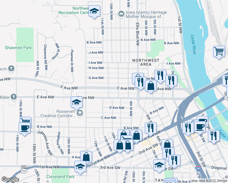 map of restaurants, bars, coffee shops, grocery stores, and more near 923-927 F Avenue Northwest in Cedar Rapids