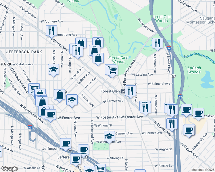 map of restaurants, bars, coffee shops, grocery stores, and more near 5364 North Elston Avenue in Chicago