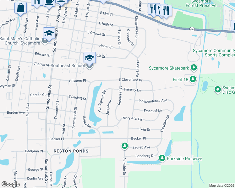 map of restaurants, bars, coffee shops, grocery stores, and more near 918 Greenleaf Street in Sycamore