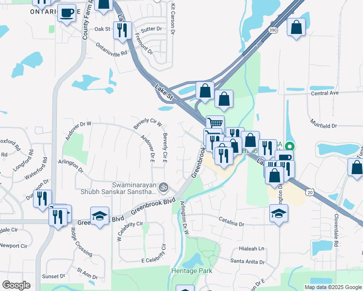 map of restaurants, bars, coffee shops, grocery stores, and more near 1360 Laguna Court in Hanover Park