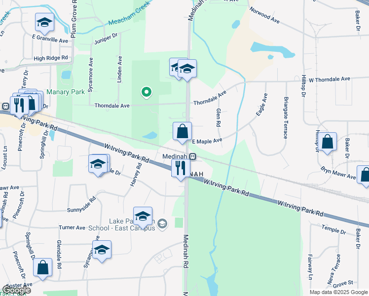 map of restaurants, bars, coffee shops, grocery stores, and more near 7n86 Medinah Road in DuPage County