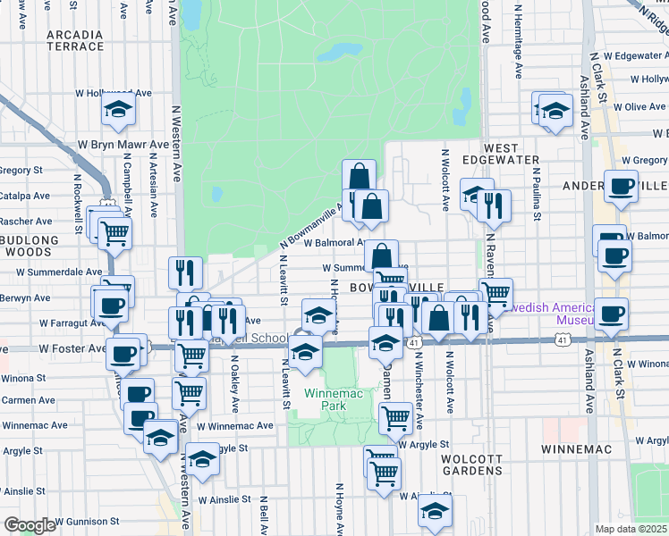 map of restaurants, bars, coffee shops, grocery stores, and more near North Hoyne Avenue & West Summerdale Avenue in Chicago