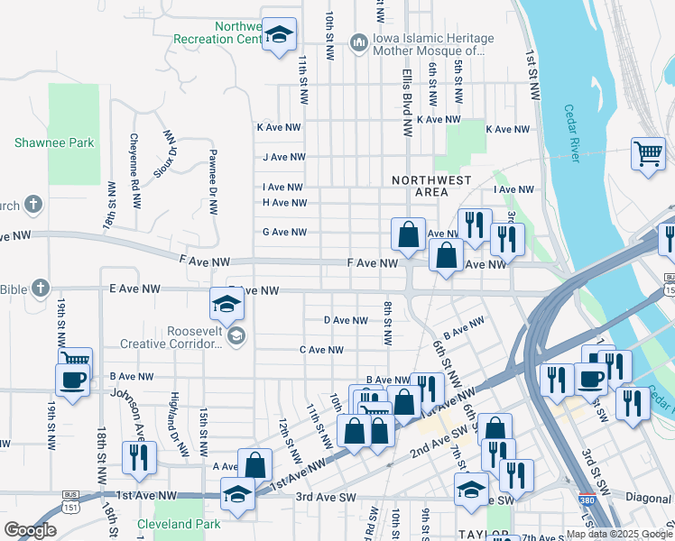 map of restaurants, bars, coffee shops, grocery stores, and more near 923-927 F Avenue Northwest in Cedar Rapids