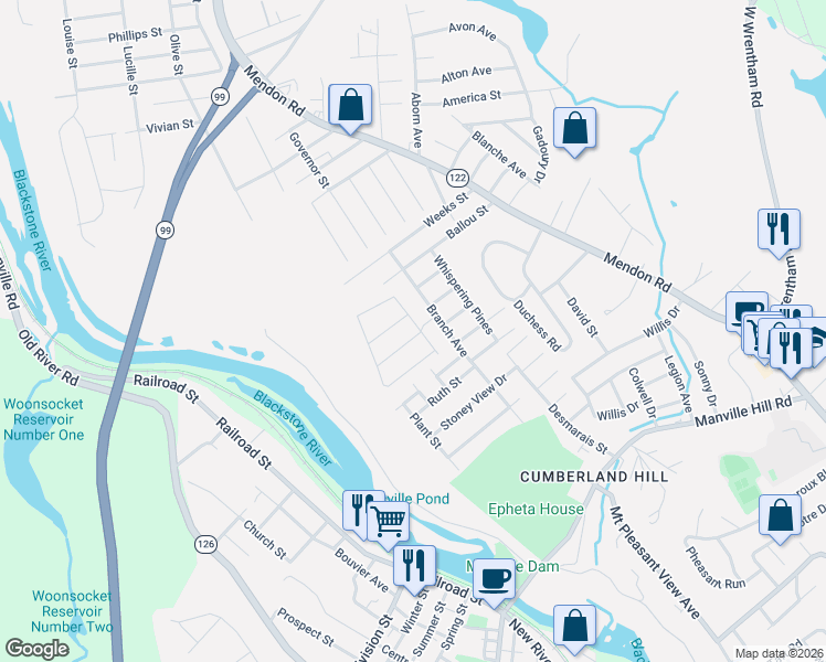 map of restaurants, bars, coffee shops, grocery stores, and more near 10 Camp Street in Cumberland