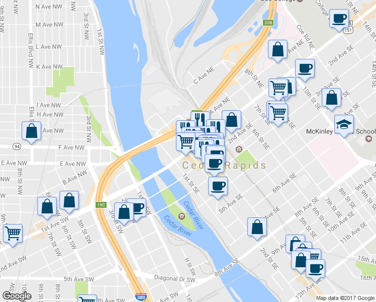 map of restaurants, bars, coffee shops, grocery stores, and more near 215 1st Avenue Southeast in Cedar Rapids