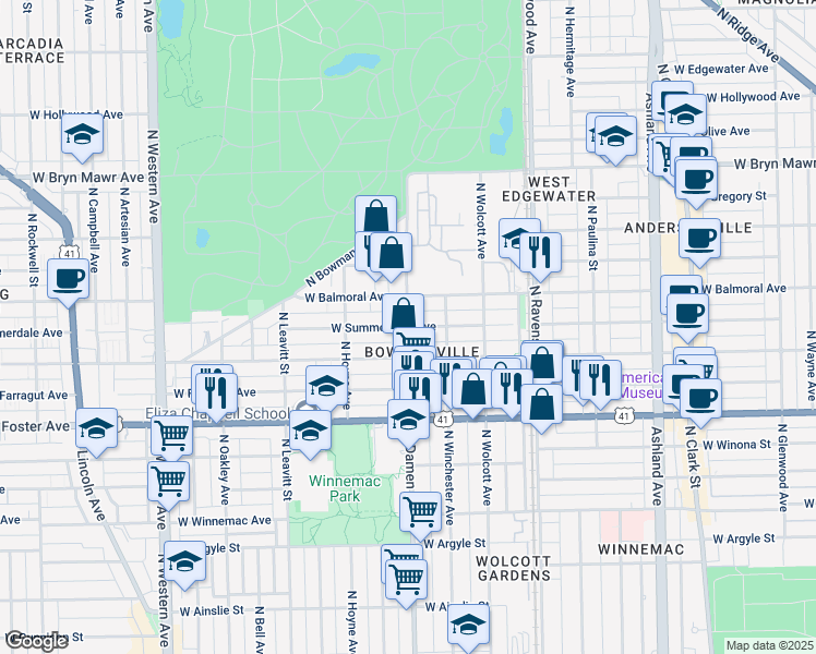 map of restaurants, bars, coffee shops, grocery stores, and more near N Damen Ave & W Summerdale Ave in Chicago